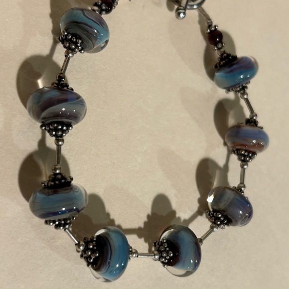 Blue and Silver Lampwork Glass Bracelet with Toggle Clasp - Picture 7 of 9